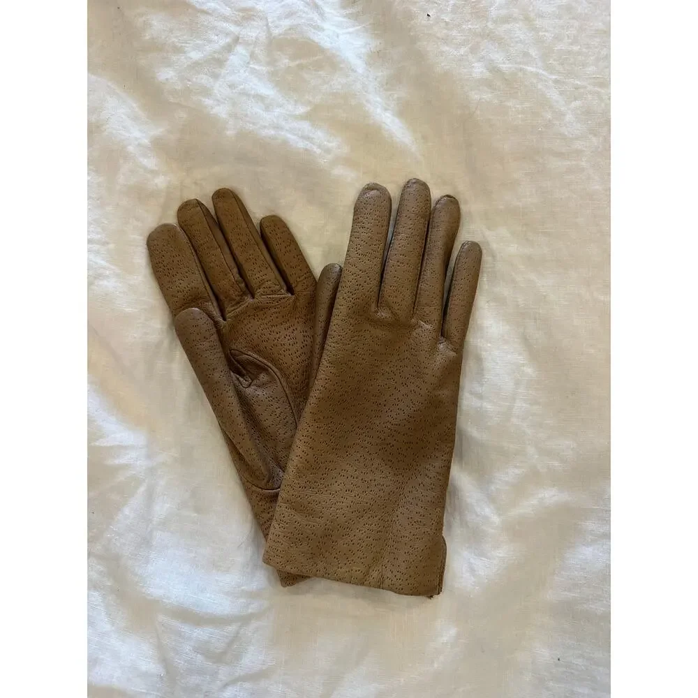 Vintage Brown Leather Gloves, Fur Lining – Size M